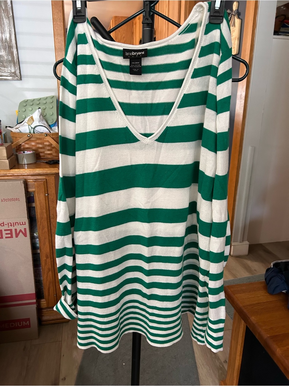 Lane Bryant Green & White Striped V-Neck Long Sleeve Tee